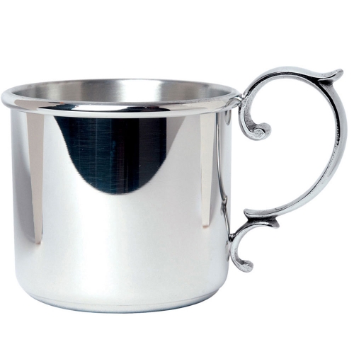 Straight Edge Baby Cup with Scroll Handle 2.6\ Height x 3.5\ Diameter including handle
5 Ounces
Pewter

Pewter Care:  
Wash your pewter in warm water, using mild soap and a soft cloth. Dry with a soft cloth. Your pewter should never be exposed to an open flame or excessive heat. Store your pewter trays flat, cups upright, etc. to prevent warping. 

Do not wrap pewter in anything other than the original wrapping to prevent scratching. Never wrap pewter in tissue paper, as fine line scratching will occur. Never put pewter in a dishwasher. Hand wash only.